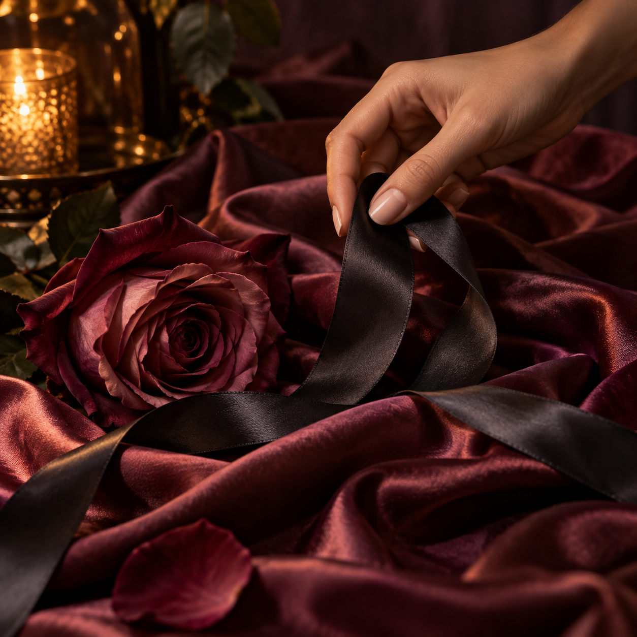 A hand holding a black silk ribbon over a rose and burgundy satin
